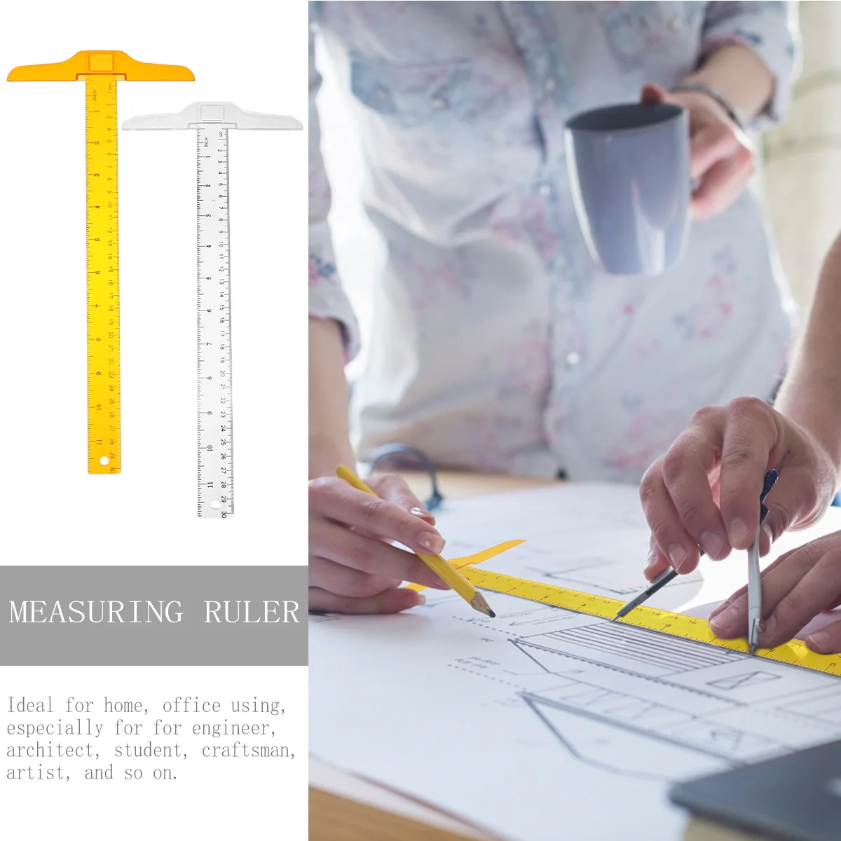 Règle de mesure de proximité à double échelle, outils de charpentier, carré, dessin clair, règle en T académique, forme en plastique, 2 pièces