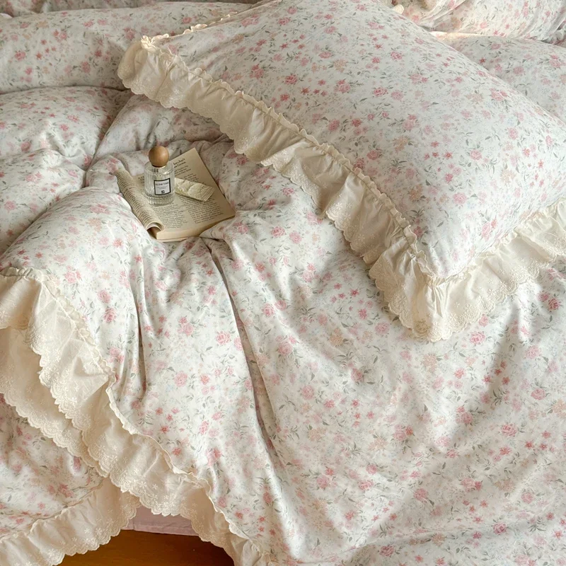 

100%Cotton Double Layer Crinkle Yarn Vintage Floral Lace Ruffles Bedding Set Duvet Cover Bed Sheet/Fitted Sheet Pillowcases 4Pcs