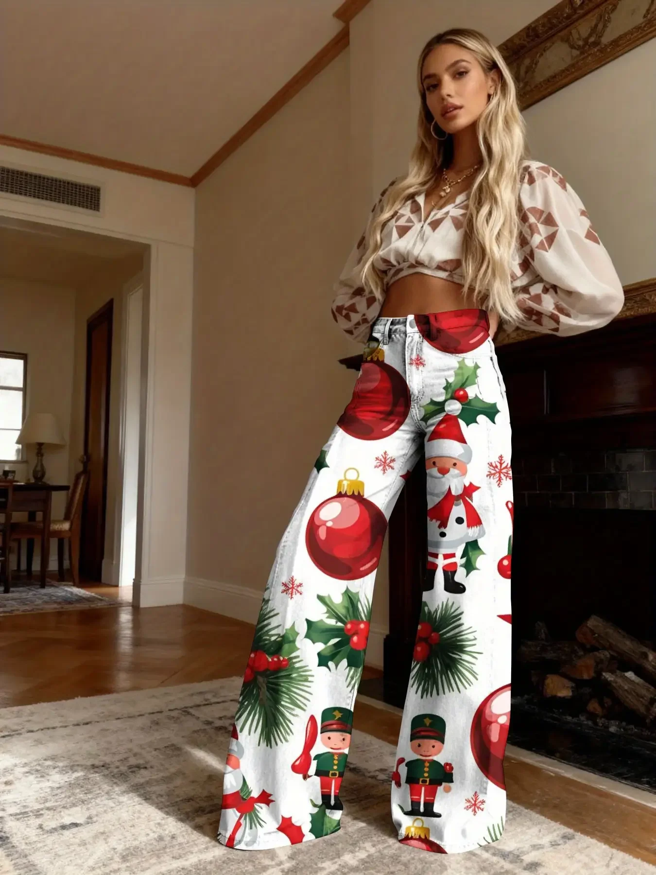 Women's slim fit wide leg flared pants, Full of Christmas elements! Women's loose flared imitation jeans