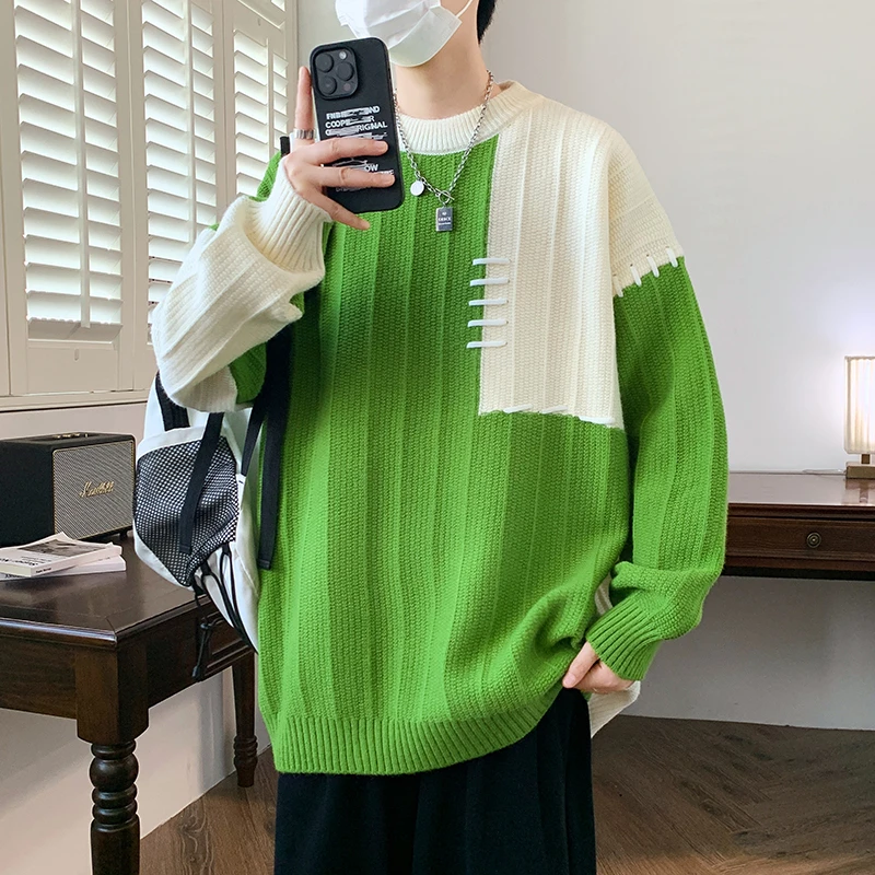 

Autumn Winter Patchwork Round Neck Sweater Men New Minimalist All-match Casual Knitted Long Sleeve Pullover Tops