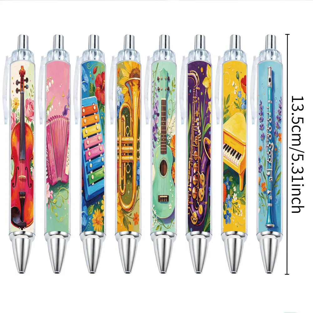 8Pcs Floral Musical Instrument Themed Retractable Ballpoint Pens, Holiday Gift Pens with Random Designs