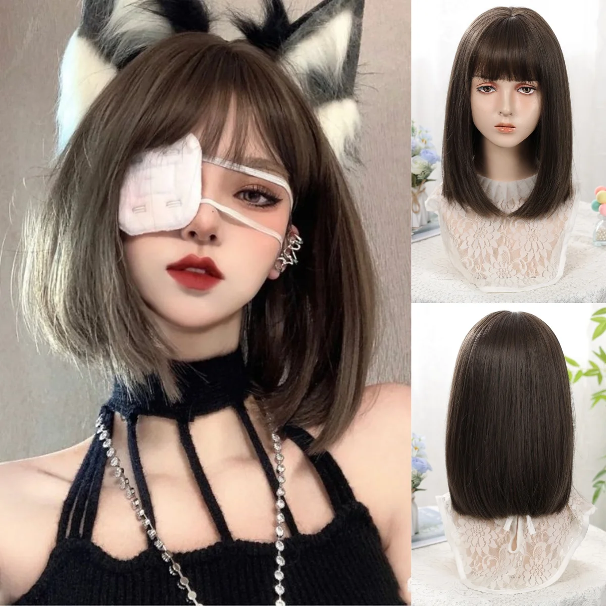 

Short Dark Brown Hair Wigs With Bangs Synthetic Straight Bob Natural Brown Wigs for Women Daily Use Cosplay Wig Heat Resistant