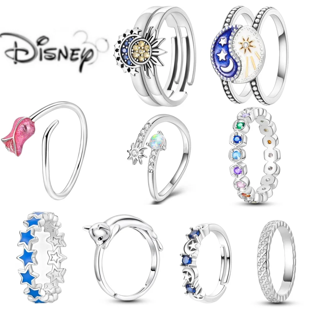 New Disney Women's Zircon Classic Sun Moon Combination Fit Pandora Ring Fashion Birthday Gift Jewelry