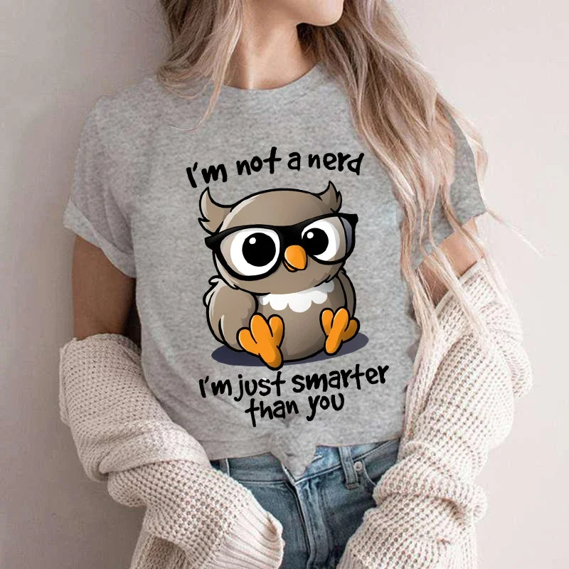 Kawaii Owl Print T Shirts for Women Clothes I\'m Not A Nerd I\'m Just Smarfer Than You Funny T-shirts Graphic Female Y2K Tops Tees