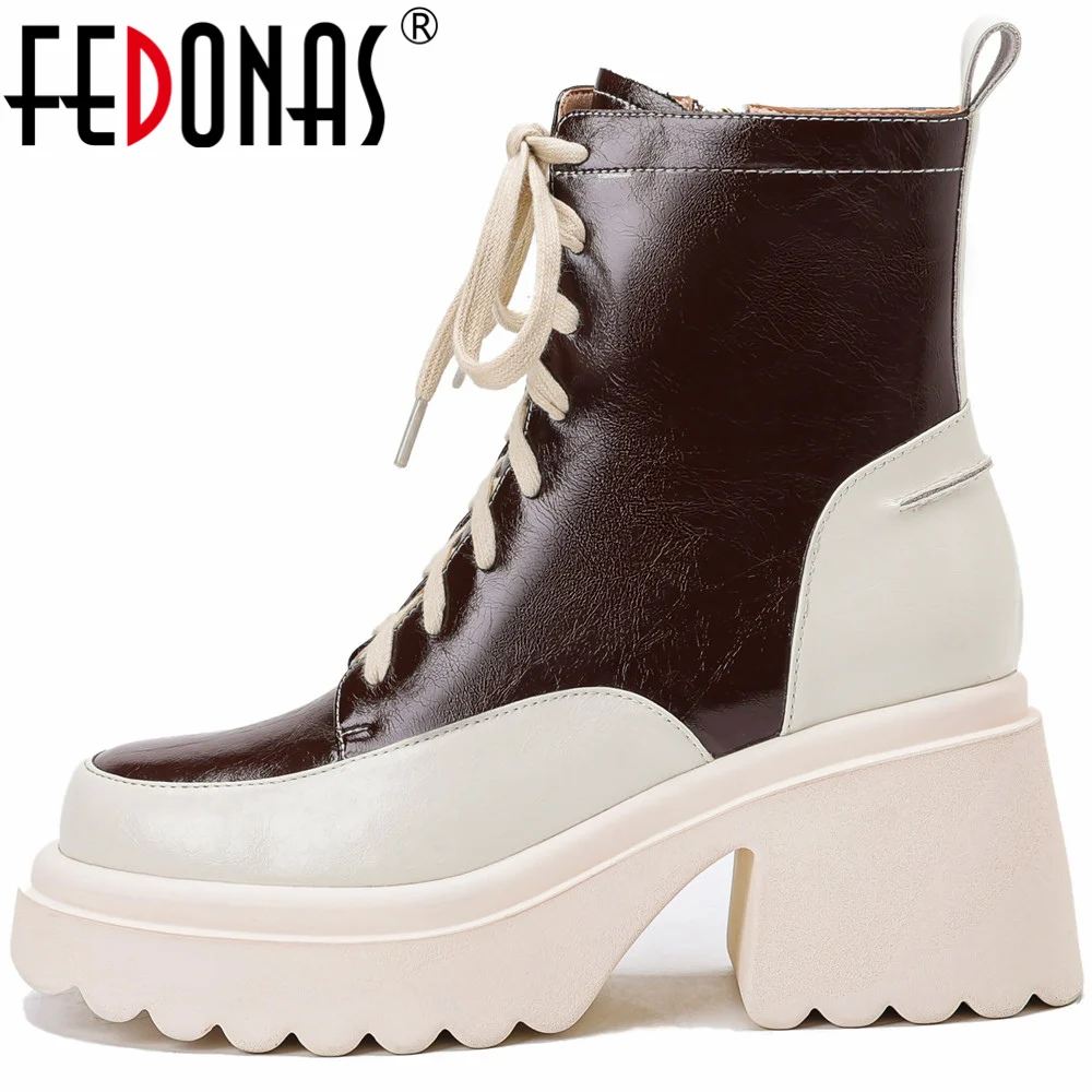 

FEDONAS Fashion Mixed Colors Women Ankle Boots Autumn Winter Genuine Leather High Heels Shoes Woman Platforms Casual Office Lady