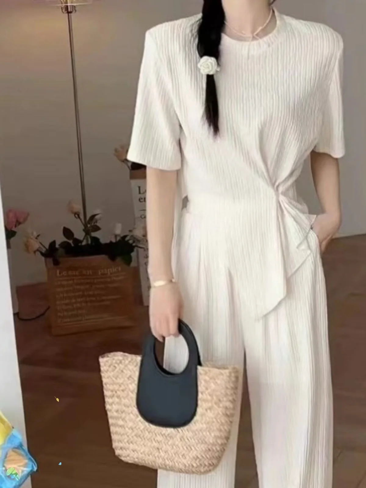 

Spring Faion High-End round Ne ort Sve T-irt Side Slit Casual Long Pants Women's Set Sli Comfortable Outfit