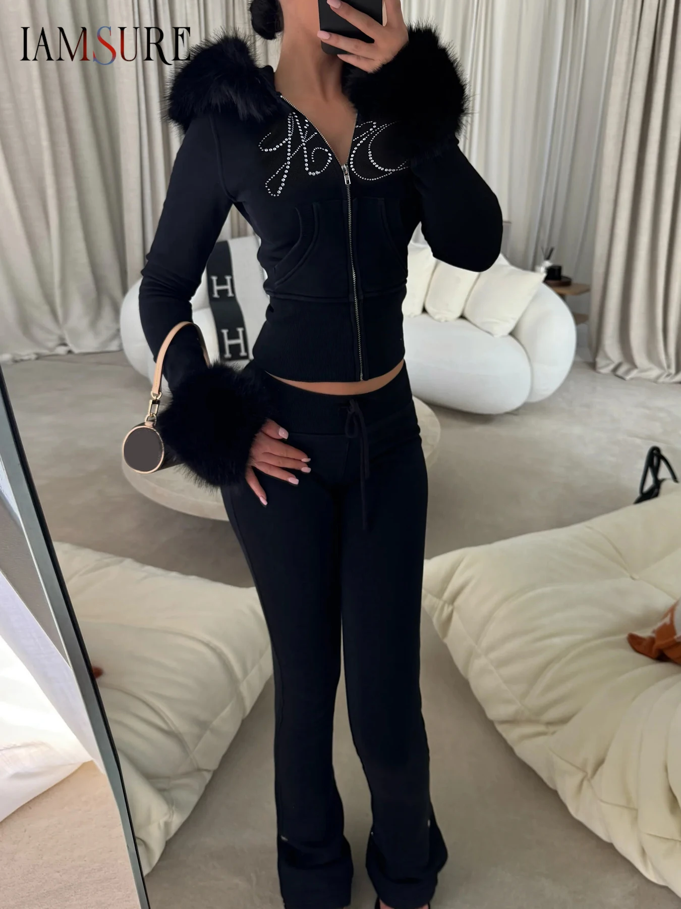 

IAMSURE Casual Hoodies Sets Pants Sets 2025 Autumn Winter Slim 2 Piece Sets Zipper Long Sleeve Sweatshirts Low-Waisted Pants