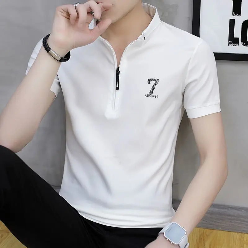 Men Short Sleeve Tops Polo Shirt Golf Shirt Half Zipper Summer Cotton Slim Korea Business Casual