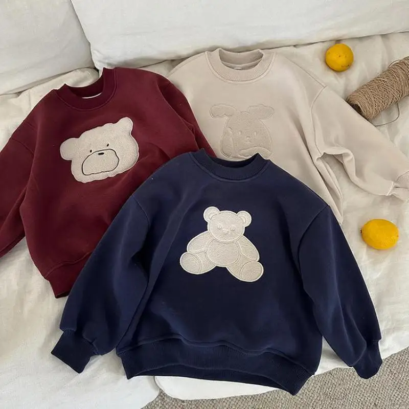 

2025 Winter New Children Long Sleeve Fleece Sweatshirt Bear Embroidery Boys Girls Plus Velvet Thick Pullover Kids Warm Clothes