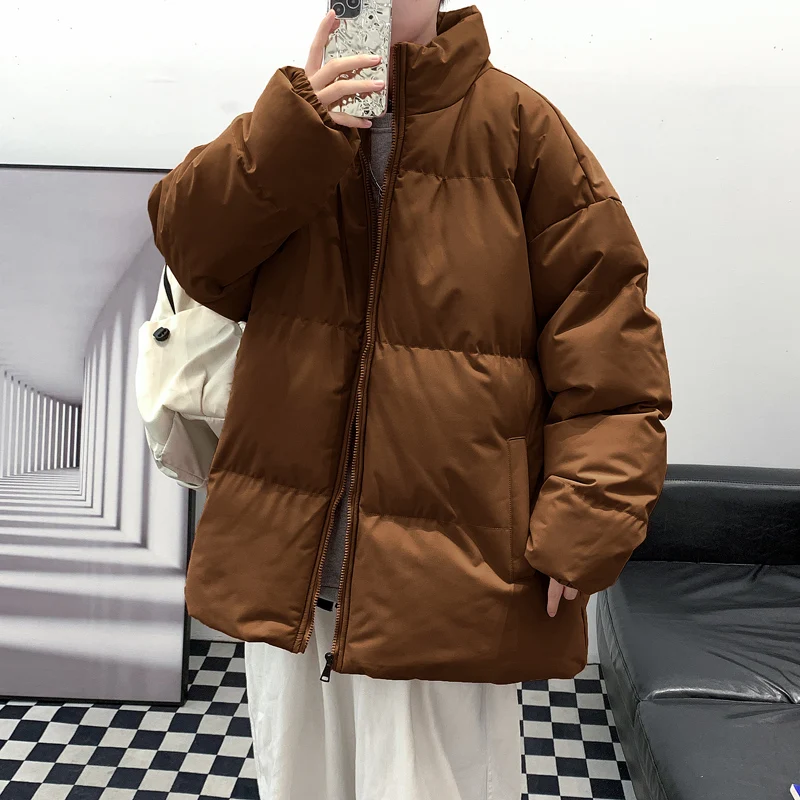 Jaqueta de parka monocromática com gola alta masculina, manga comprida, bolsos com zíper, casacos grossos soltos, moda casual, nova, outono, inverno, 2023