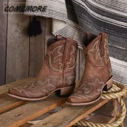 Embroidery Botas Mujer Leather PU Cowboy Ankle Boots for Women's Wedge High Heel Boots Snake Print Western Cowgirl Boots Autumn