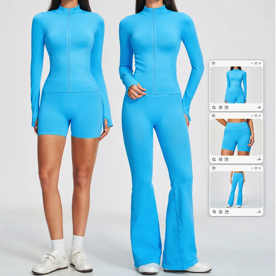 Yoga-Set 2-teilig, Sportbekleidung, nahtlose Yoga-Anzüge, Damen-Fitness-Trainingsanzüge mit langen Ärmeln, Sport-Gym-Shorts, ausgestellte Hosen – Detail 1