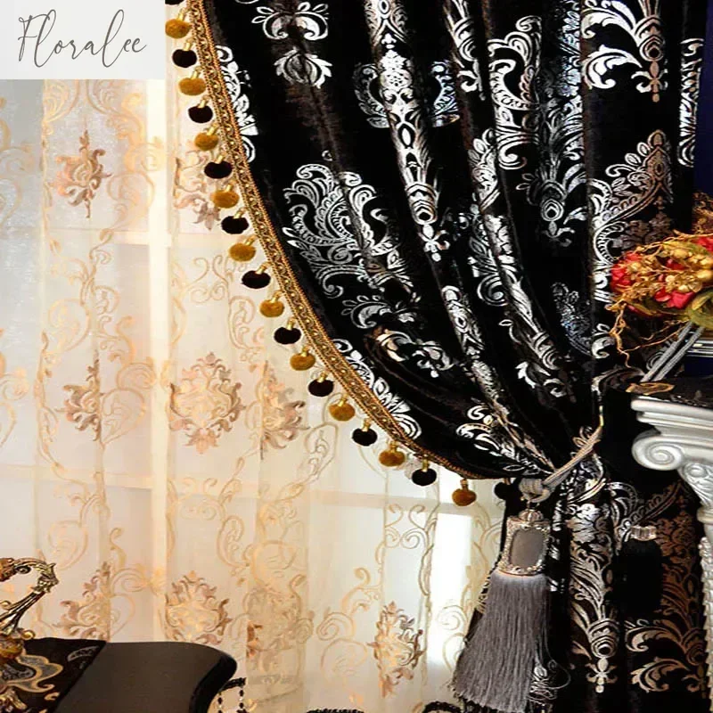 黒とシルバーのヨーロッパスタイルの刺繍遮光高級チュールカーテンリビングルームベッドルームヴィラハイエンドカスタマイズ