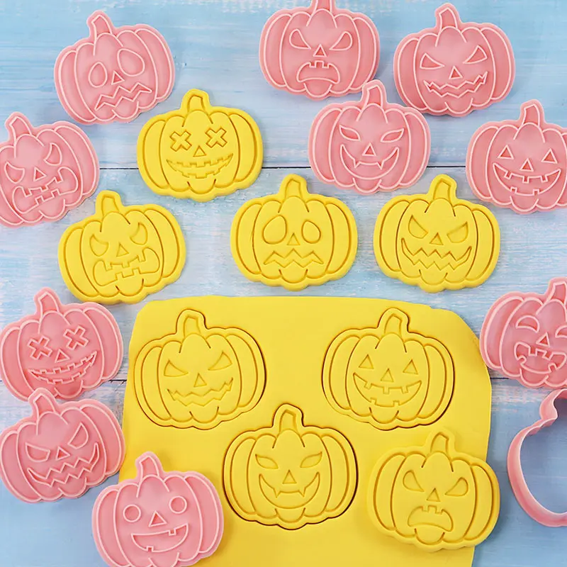 9 Styles Halloween Cookie Cutters Plastic 3D Pumpkin Cartoon Pressable Biscuit Mold Cookie Stamp Kitchen Baking Pastry Bakeware