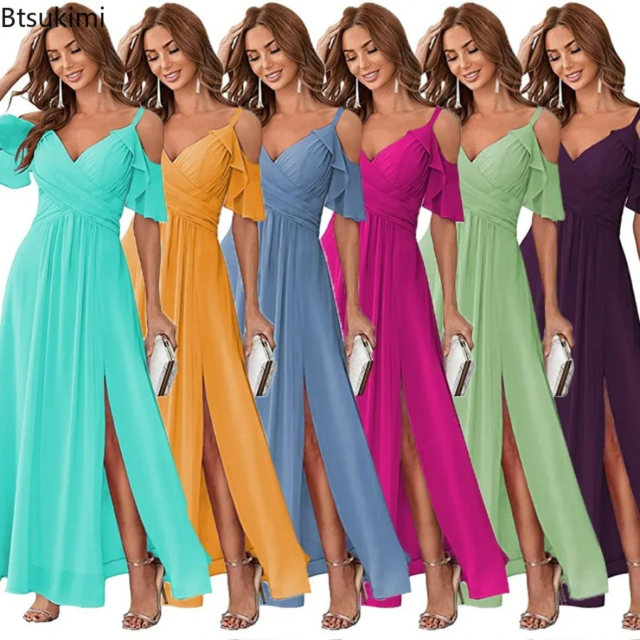 

2024 Women's Elegant Bridesmaid Dress Sexy Off Shoulder Short Ruffles Sleeve Split Cocktail Prom Dresses Sexy Maxi Party Gowns