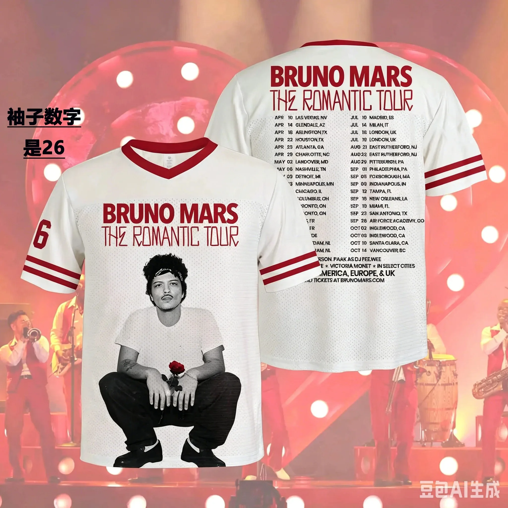 2026 Bruno Mars The Romantic Tour Football Jersey V Neck T-Shirt Retro Rose Portrait Print Unisex Tops Fans Top for Adults Kids