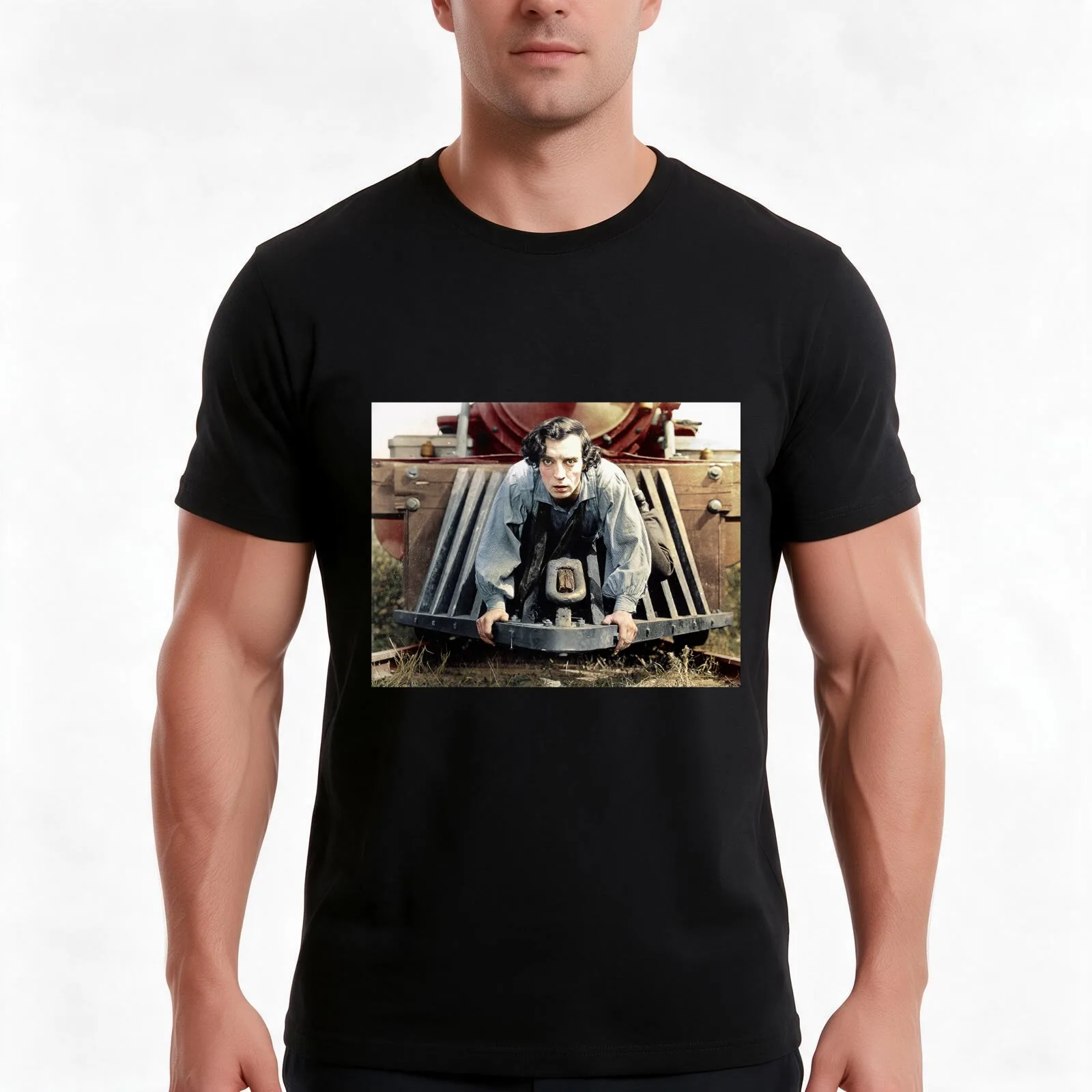 Buster Keaton 1926 T-Shirt, Summer Casual Cotton Tee, Oversized Streetwear Tops, Vintage Graphic Print, Loose Fit Short Sleeve