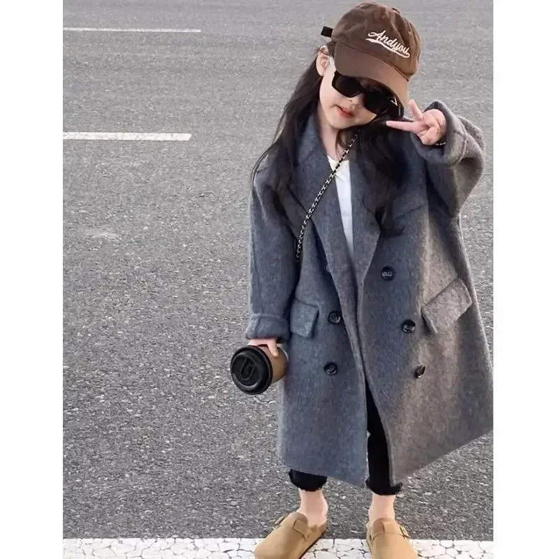 Girls Coat Korea Style Childrens Clothing 2023 Autumn and Winter New Lapel Long Trench Fashion Thickened Double-sided Tweed Coat