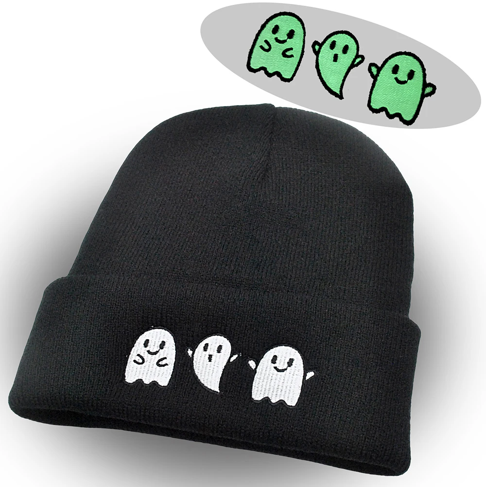 Halloween Ghost Beanie Luminous Embroidered Knitted Hats Unisex Ski Outdoor Hat Glow in The Dark