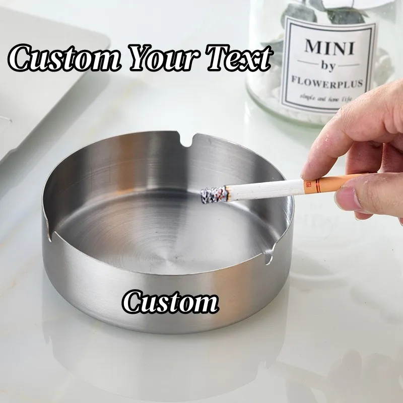 

Customized Name Round Stainless Steel Ashtray personalized Tabletop Silver Cigarette Tray Portable Home Decorate Accessorie Gift