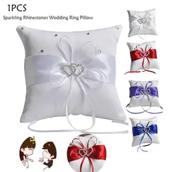 1Pcs 10*10cm Sparkling Rhinestones Wedding Ring Pillow Wedding Bridal Bowknot Double Heart Ring Bearer Pillow