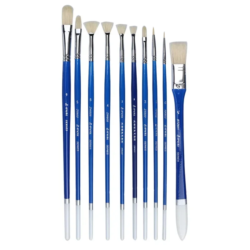 10 pcs multifunctional art blue wooden rod pig bristles paint brushes acrylic fan-shaped pen painting set professional oil brush