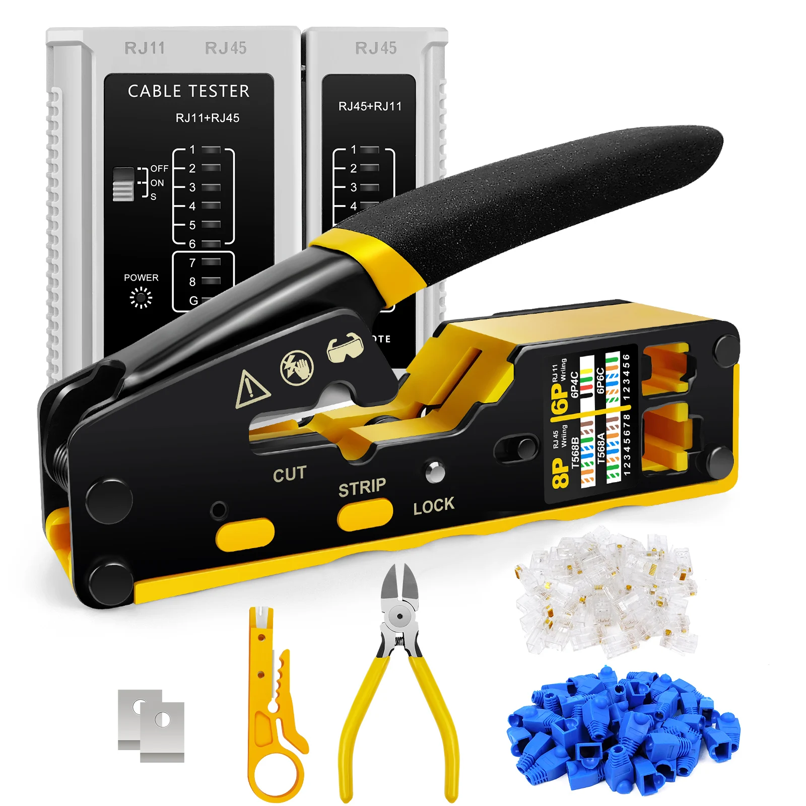 DayPlus Pass Through RJ45 Crimp Tool Kit Ethernet Crimper CAT5 Cat5e Cat6 Crimping Tool Kit 3 IN 1 - Crimp Cutting Peeling