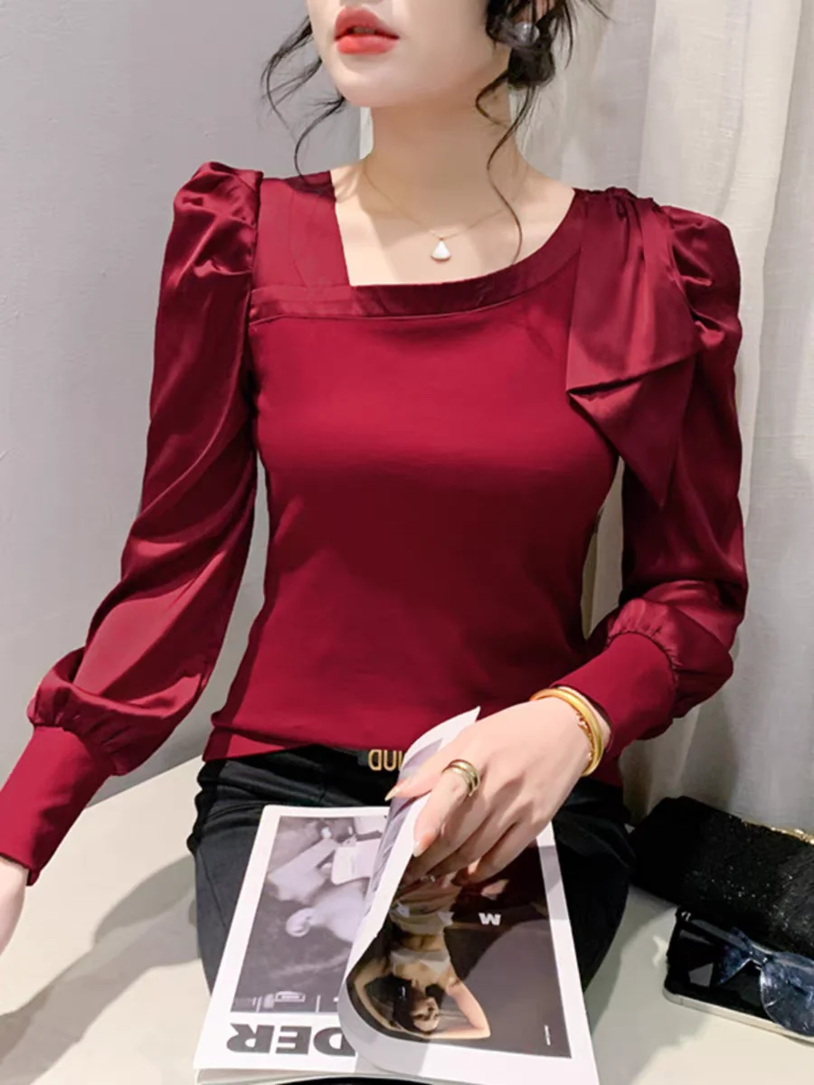 

Fashion Cotton Top Women 2024 Spring Autumn Skew Collar Long Puff Sleeve T Shirts Bowknot Tshirts Girl Sweet Clothing