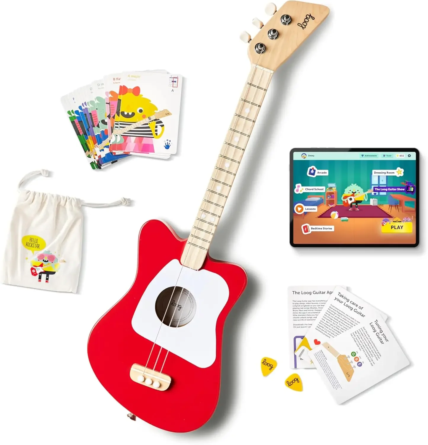 Acoustic kids Guitar for Beginners 3-strings Ages 3+ Learning app and lessons included Red