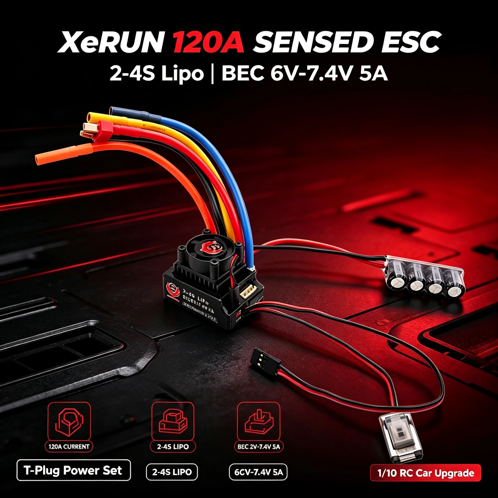 Phoenix XeRun 120A T‑Plug Sensored ESC 2‑4S LiPo BEC 6V‑7.4V 5A for 1/10 RC Drift Buggy On‑Off Road Car Power Upgrade Kit