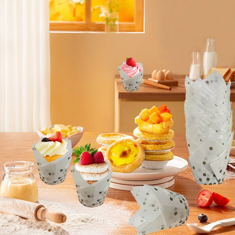 50Pcs/100Pcs Gold Dot Tulip Cake Cups, High-Quality Baking Cups, Suitable for Muffins and Cupcakes, Suitable for Valentine's Day Wedding Party Supplies