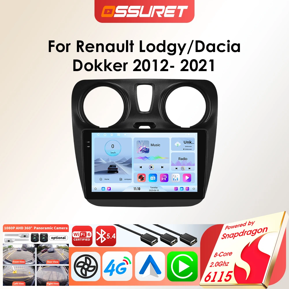 OSSURET Android-Autoradio-Player für Dacia Dokker Renault Lodgy 2012–2021, Carplay, Auto-GPS, 2 DIN, Auto-Multimedia von Snapdragon 6115
