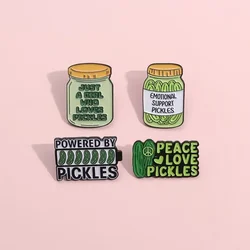 Cucumber Pickles Funny Enamel Pins Peace Love Powered Pickles Bottle Brooch Lapel Badges Jewelry Gift for Friends Wholesale