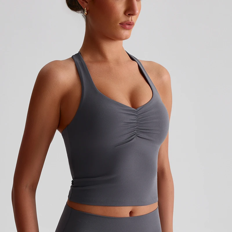 Stretch Fit Workout Tank Tops Women Scrunch Sleeveless Gym Top with Built-in Bra Open Back Yoga Shirts