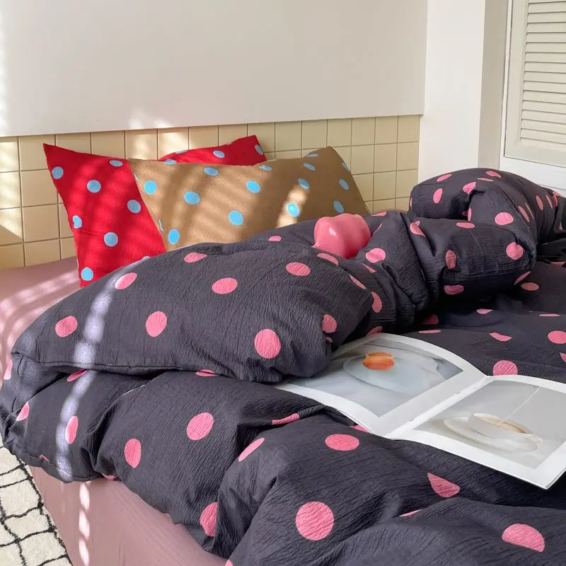 Polka Dot Bedding Set Blue Red Dots With Pillowcases Fitted Sheet For Teen Girls Women Cozy Bedroom Decor Full Queen Size
