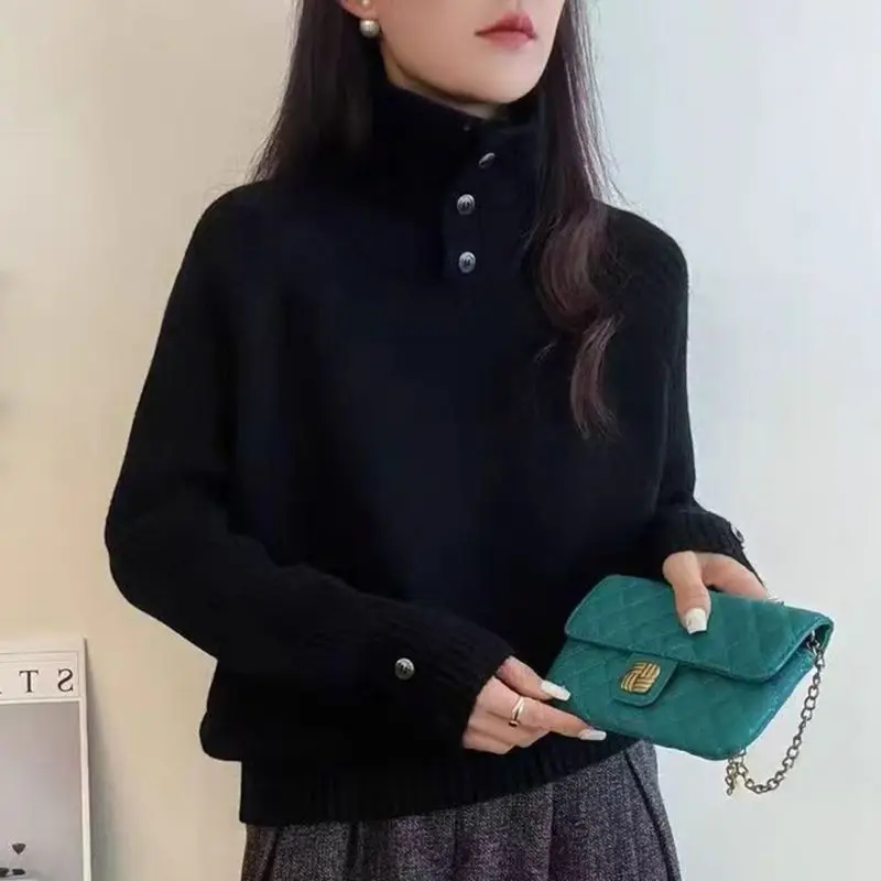 

Женский свитер Lazy Wind с высоким воротником на пуговицах, осенне-зимний, новый, корейский, свободный, однотонный пуловер, джемпер для женщин