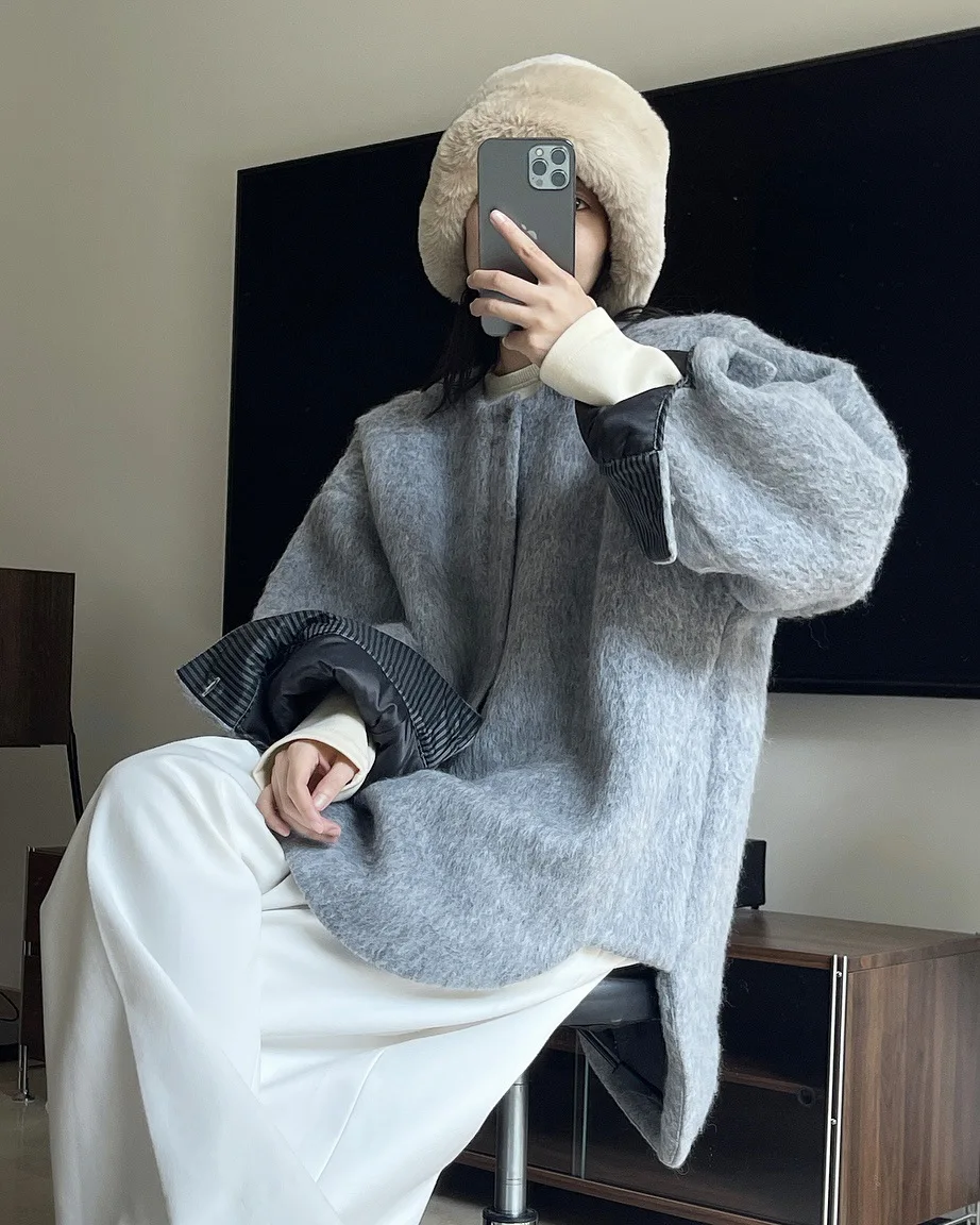 Winter Leisure and Lazy Long Wool Mohair Wool Coat Warm Solid Wool Coat For Women