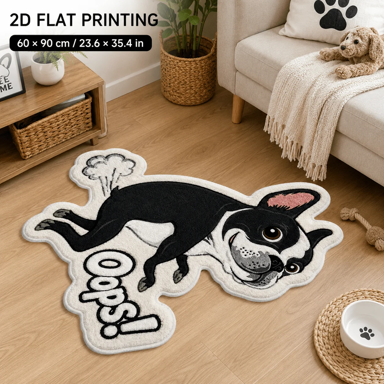 Funny Oops French Bulldog Shaped Area Rug, Cute Cartoon Boston Terrier Irregular Plush Floor Mat Non Slip Water Absorbent Doorma