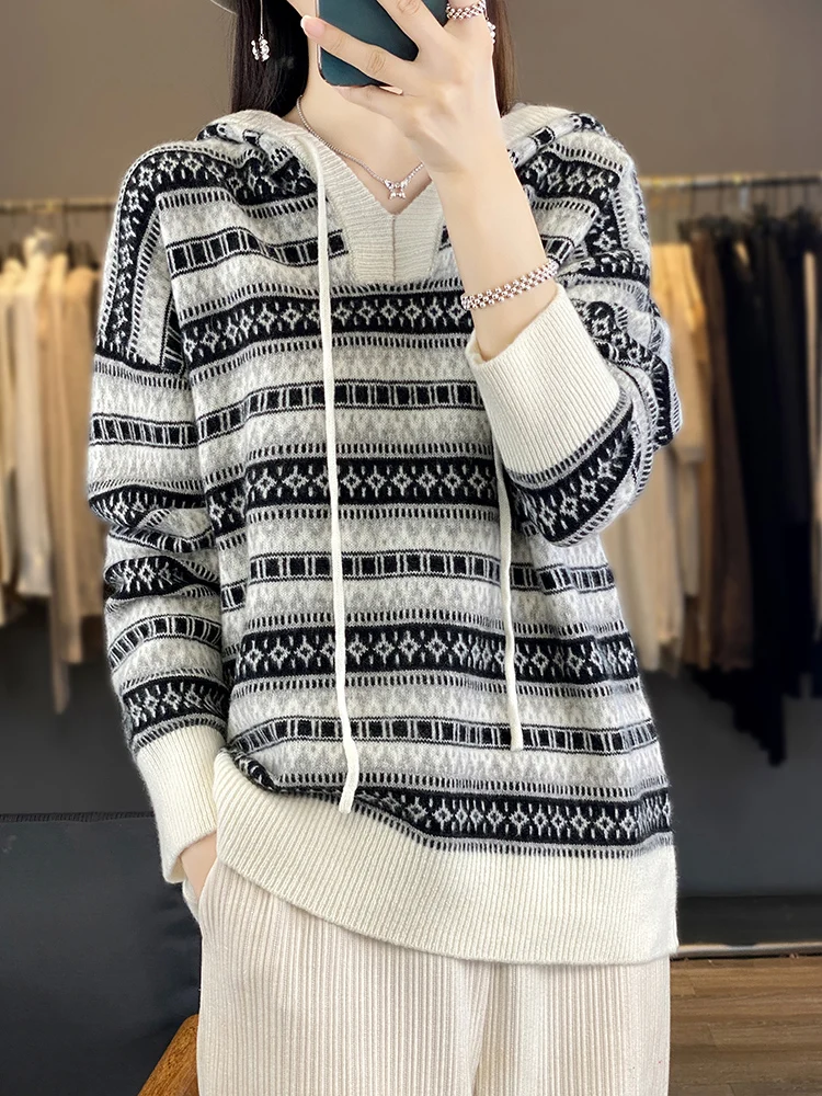 Jacquard Hoodie 100%Pure Wool Sweater Ladies Hooded Knitted Pullover Fashion Loose Color Match Jacket Autumn New Cashmere Blouse