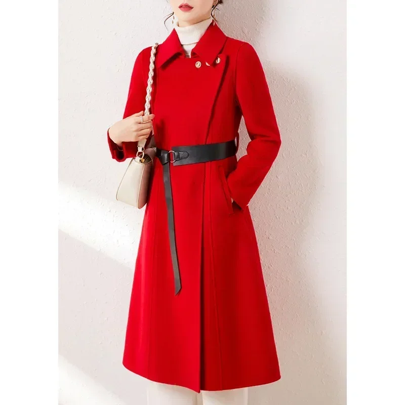 Double-sided cashmere coat women's medium and long woolen coat Hepburn style  autumn and winter new British style wool coat