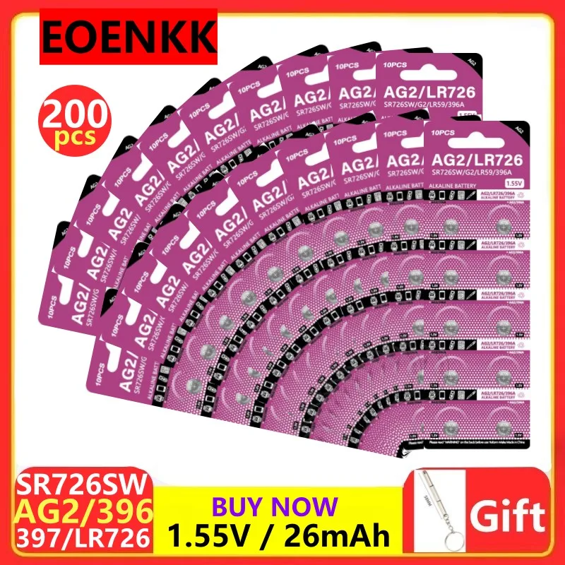 200pcs AG2 397 1.55V Lithium Batteries LR726 397A L726F SR726SW Environmental Protection Button Batterytoy Gift Watch