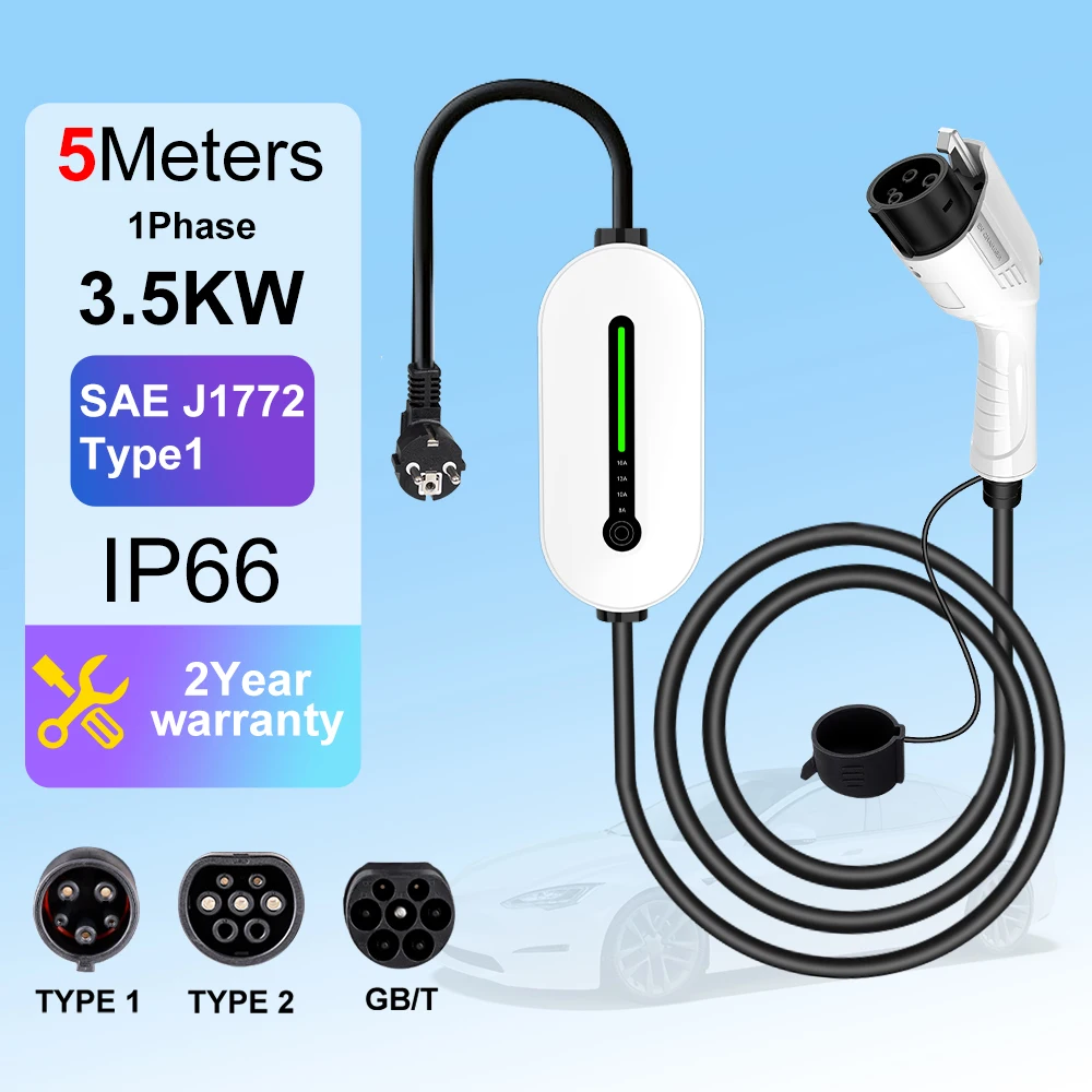 

EV Charger Type2 Charger Portable Electric Vehicle Car Fast Charger 3.5KW 16A Type1 GBT Wallbox EVSE Charger Station 5 Meters