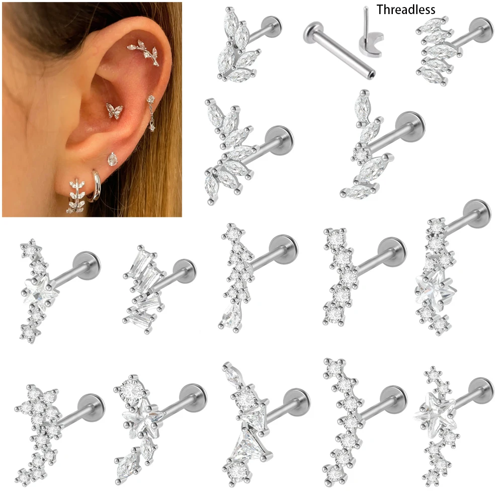 14PCS Surgical Steel Marquise Zircon Labret Lip Stud Cz Threadless Ear Cartilage Tragus Helix Earrings Daith Piercing  Jewelry