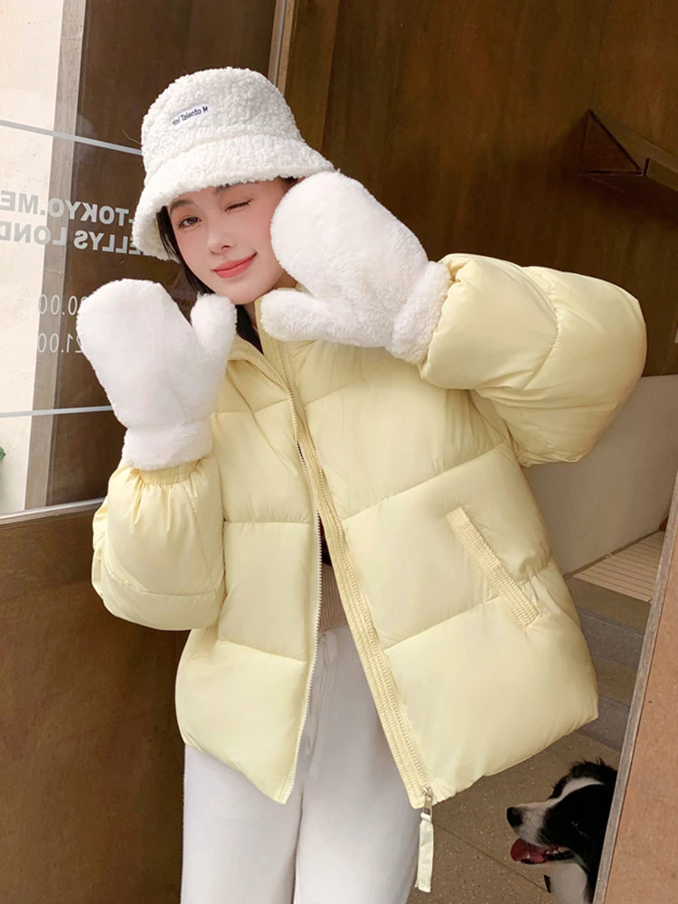 

Korean Sweet Winter Parkas Women Fashion Solid Long Sleeve Loose Puffy Coat Casual Stand Collar Preppy Style Warm Thick Jacket