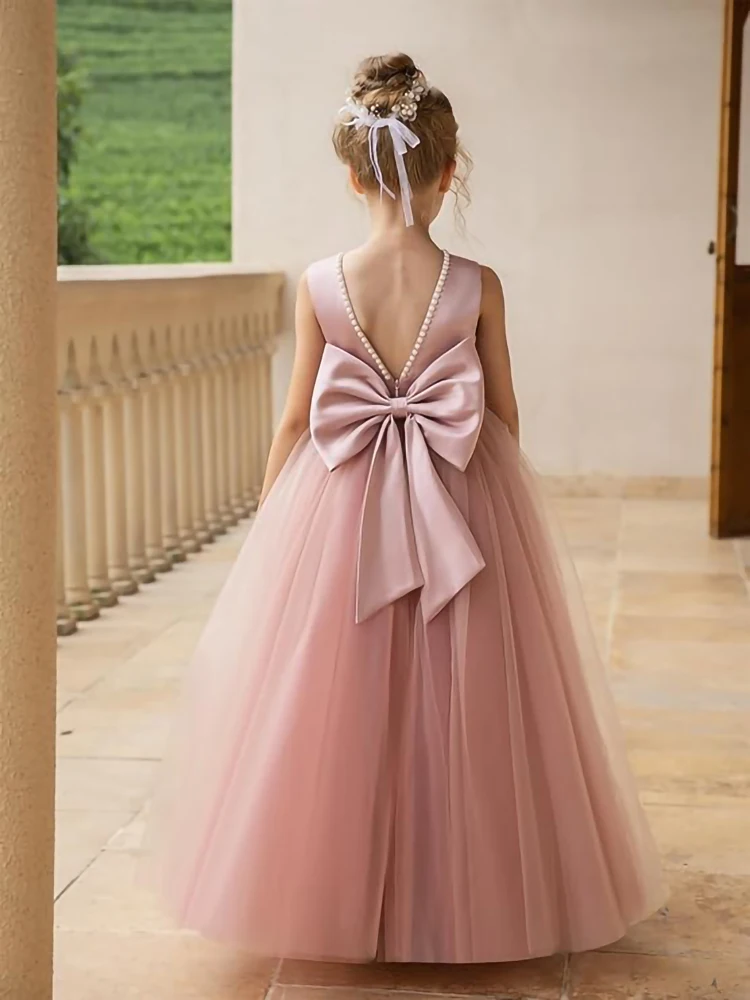 Robe longue en tulle satiné rose chair pour filles, jupe longue perlée, couleur personnalisée, robe de Rhde princesse élégante, robe de gala d'anniversaire