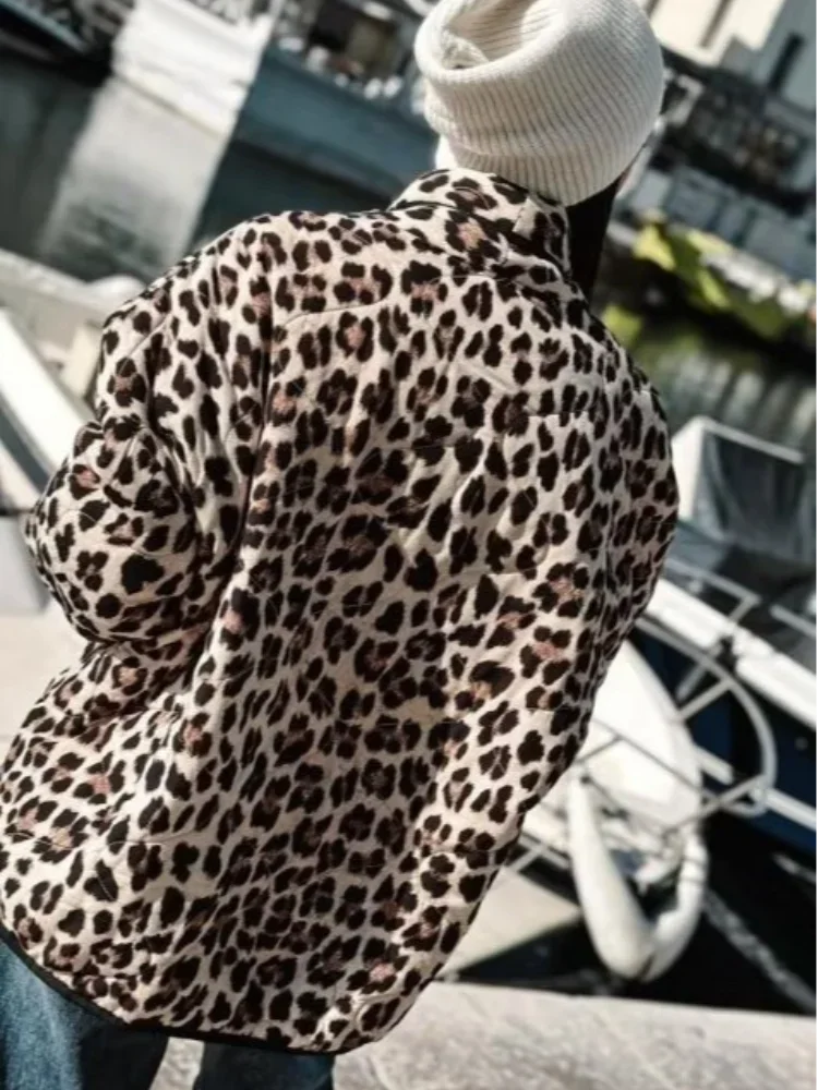 Abrigos acolchados de algodón con solapa y estampado de leopardo para mujer, chaqueta de manga larga con bolsillos, ropa de calle para mujer, otoño e invierno, 2024