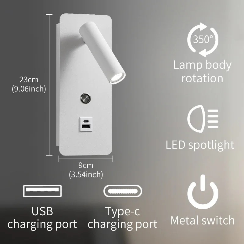 LED Reading Wall Light Mobile Phone USB Charging Rotating Wall Lamp Bedroom Bedhead Living Room Background Decorative Lighting