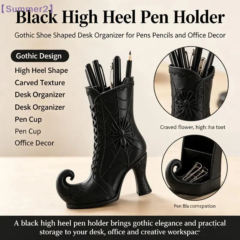 3D Printed Gothic Witch Boot Pen Holder With Spider Web, Desk Organizer Halloween Makeup Brush Storage Gift〔Sum2〕