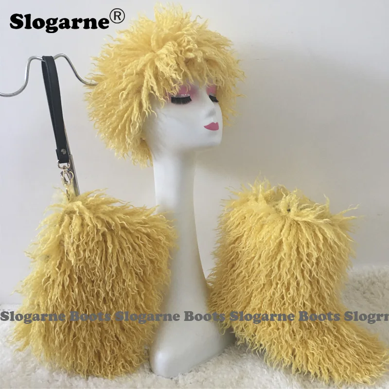 2025 Women\'s New Faux Fur Boots Fur Bag Cap Winter Fashion Fur Purse Girls\' Luxury Furry Snow Boots Warm Shoes Fluffy Headband