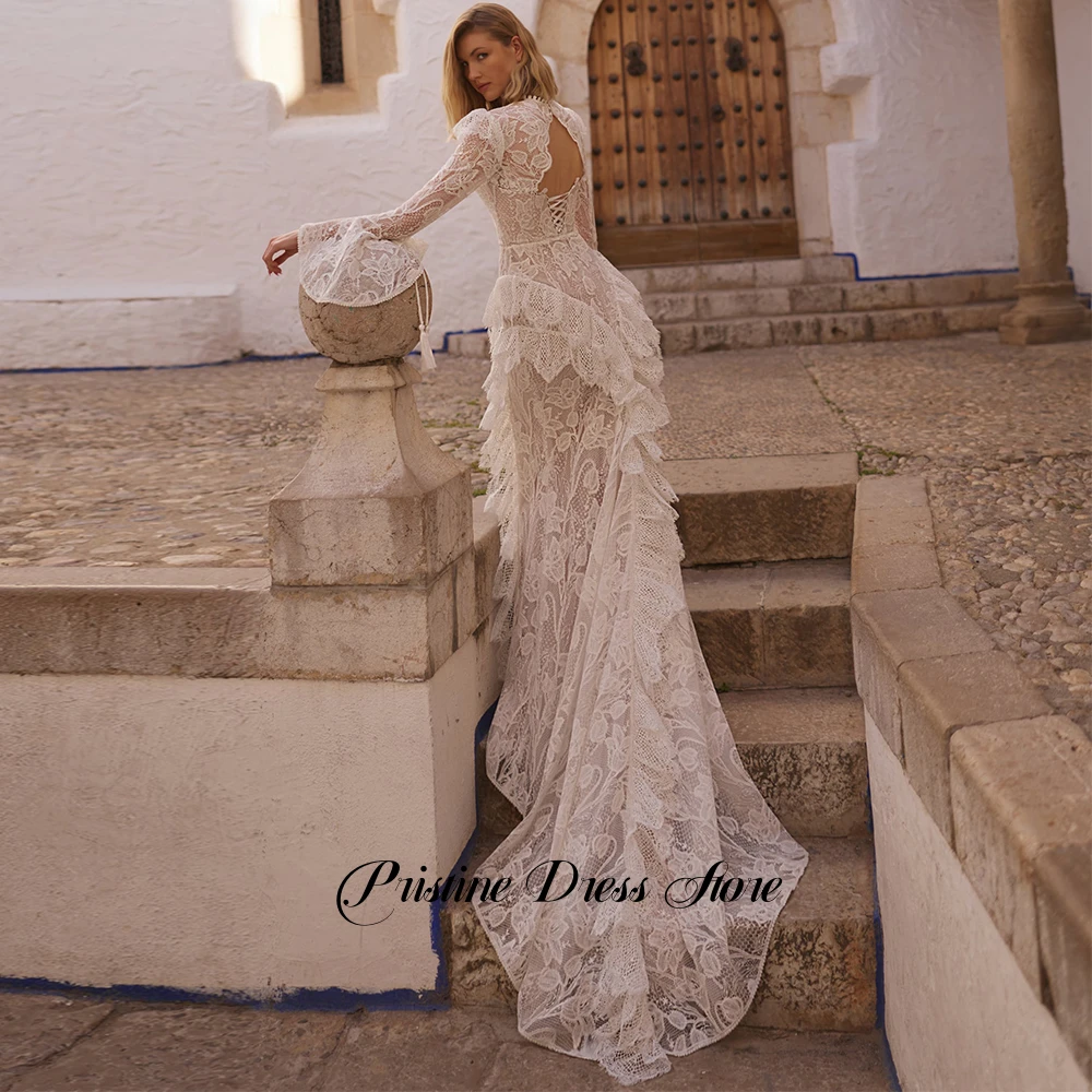 High Quality Custmized Lace Wedding Dress with Long Sleeves Appliques O-Neck Front Slit Ruffles Bridal Gowns Vestido De Novia